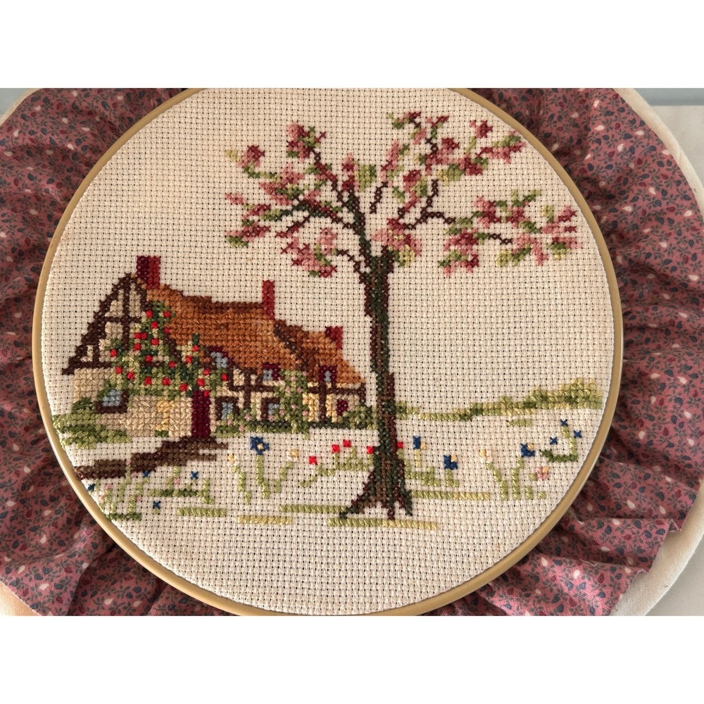 Vintage Handmade Cross Stitch Cottage Cherry Tree Hoop Wall Art Ruffle Border